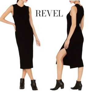 REVEL Midi Dress Bodycon Ribbed Knit Sleeveless Slit Black M